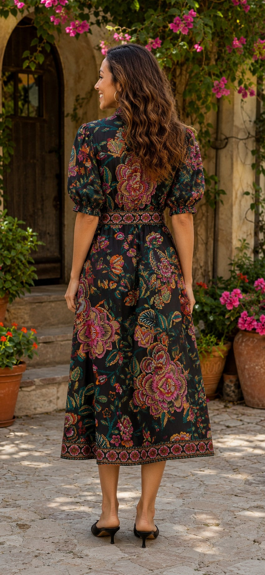 Entro Floral Border Print Belted Midi Dress in Black-Midi Dresses-entro-Deja Nu Boutique, Women's Fashion Boutique in Lampasas, Texas