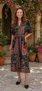 Entro Floral Border Print Belted Midi Dress in Black-Midi Dresses-entro-Deja Nu Boutique, Women's Fashion Boutique in Lampasas, Texas