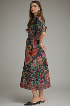Entro Floral Border Print Belted Midi Dress in Black-Midi Dresses-entro-Deja Nu Boutique, Women's Fashion Boutique in Lampasas, Texas
