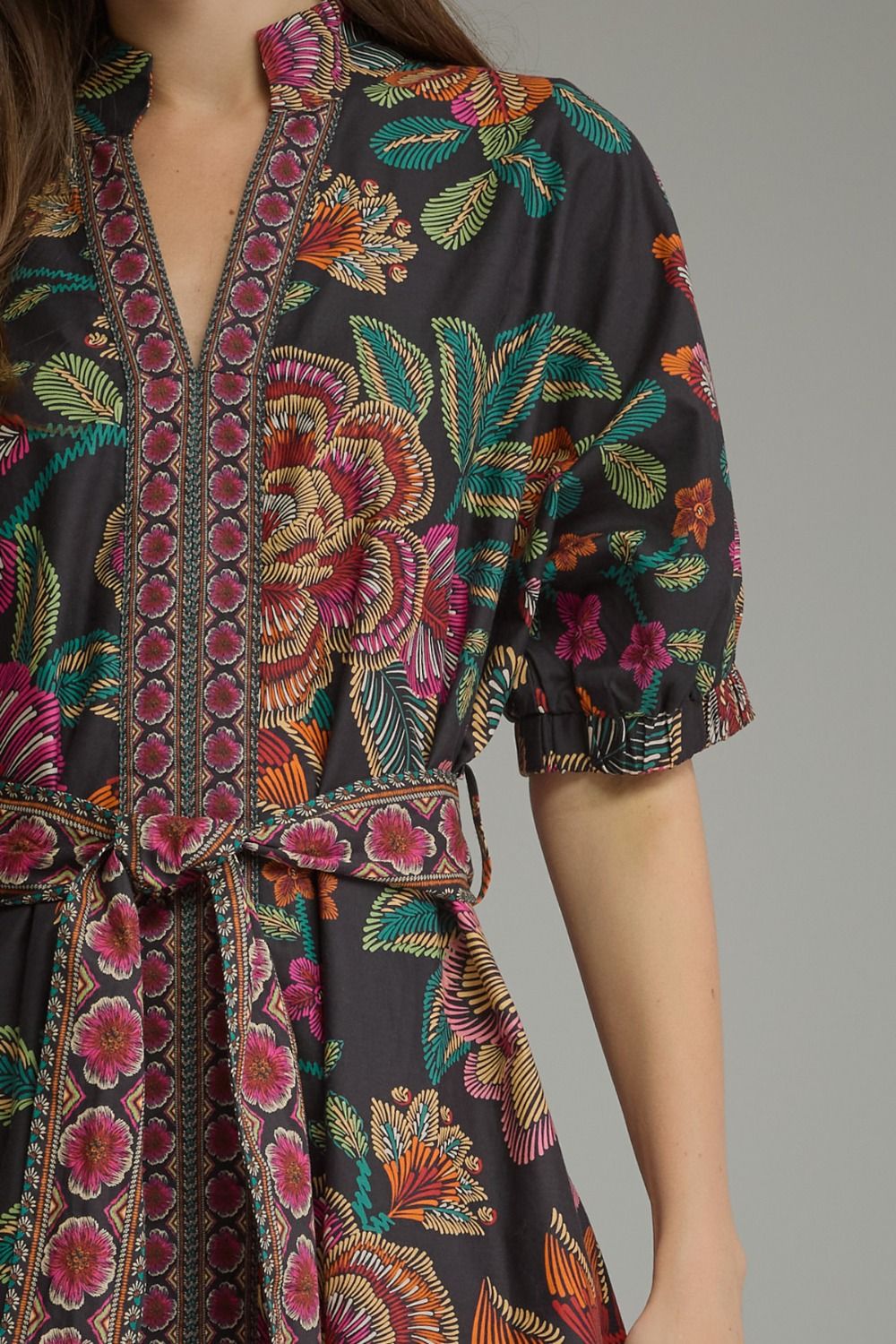 Entro Floral Border Print Belted Midi Dress in Black-Midi Dresses-entro-Deja Nu Boutique, Women's Fashion Boutique in Lampasas, Texas