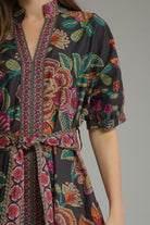 Entro Floral Border Print Belted Midi Dress in Black-Midi Dresses-entro-Deja Nu Boutique, Women's Fashion Boutique in Lampasas, Texas