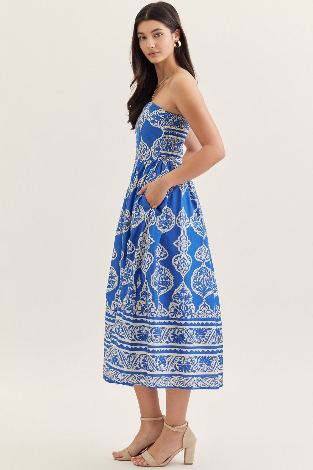 Entro Royal Blue Printed Strapless Midi Dress-Midi Dresses-Entro-Deja Nu Boutique, Women's Fashion Boutique in Lampasas, Texas