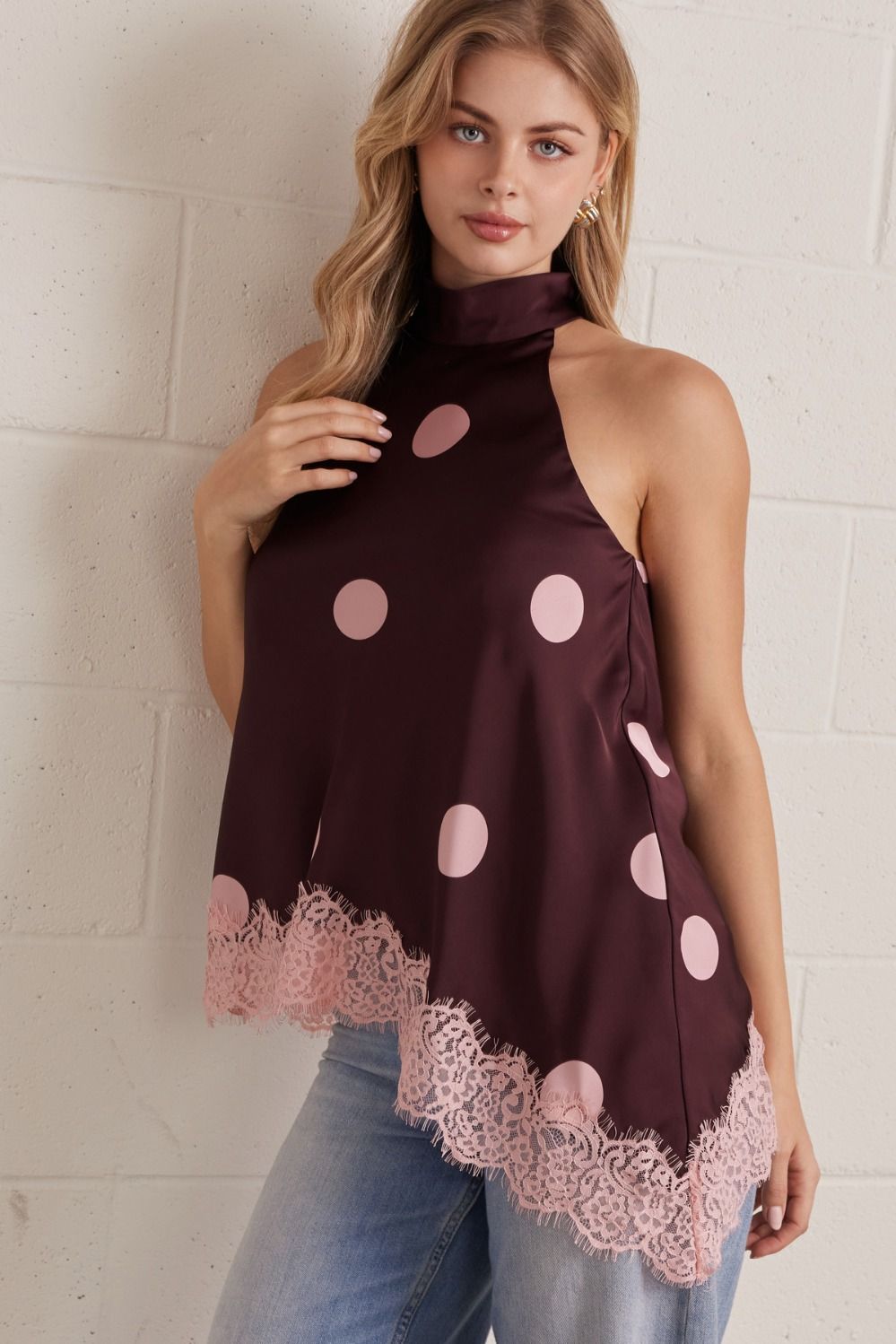 Entro Blush Dot Lace Halter Top-Lace Top-Entro-Deja Nu Boutique, Women's Fashion Boutique in Lampasas, Texas