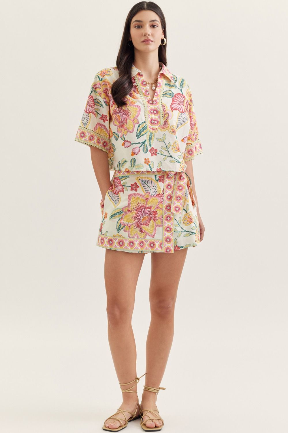 Entro Botanical Print Wrap Front Skort in Pink-skorts-Entro-Deja Nu Boutique, Women's Fashion Boutique in Lampasas, Texas