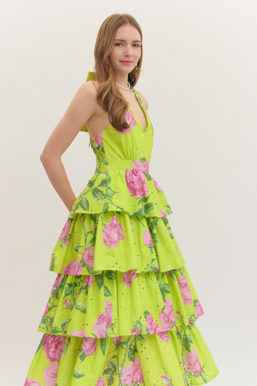 Entro Garden Party Chartreuse Floral Tiered Midi Dress-Midi Dresses-Entro-Deja Nu Boutique, Women's Fashion Boutique in Lampasas, Texas