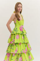 Entro Garden Party Chartreuse Floral Tiered Midi Dress-Midi Dresses-Entro-Deja Nu Boutique, Women's Fashion Boutique in Lampasas, Texas
