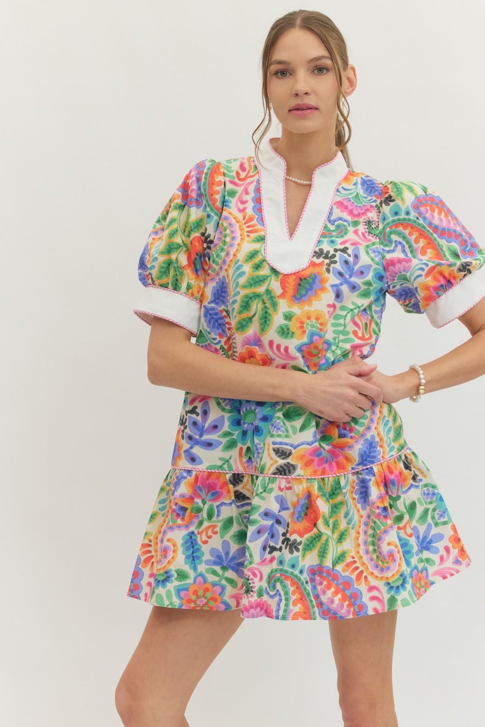 Entro Bright Floral Puff Sleeve Mini Dress-mini dress-Entro-Deja Nu Boutique, Women's Fashion Boutique in Lampasas, Texas