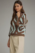 Entro Brown & Aqua Abstract Zebra Print Sweater-Sweaters-entro-Deja Nu Boutique, Women's Fashion Boutique in Lampasas, Texas