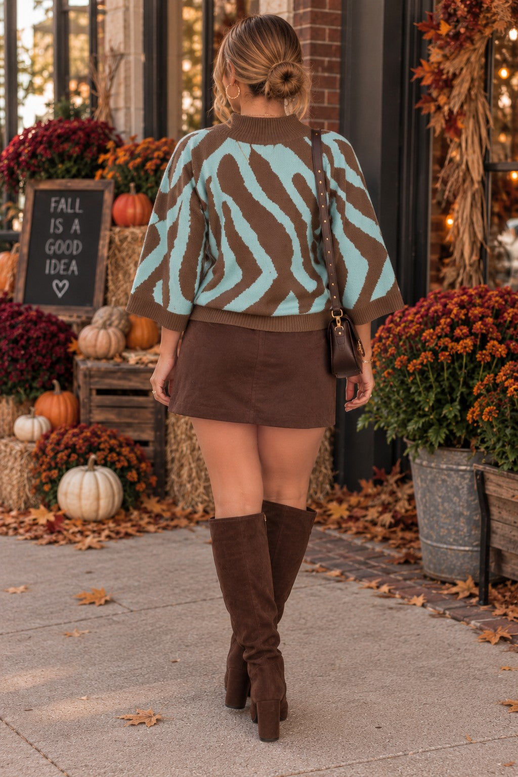 Entro Brown & Aqua Abstract Zebra Print Sweater-Sweaters-entro-Deja Nu Boutique, Women's Fashion Boutique in Lampasas, Texas