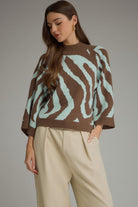 Entro Brown & Aqua Abstract Zebra Print Sweater-Sweaters-entro-Deja Nu Boutique, Women's Fashion Boutique in Lampasas, Texas