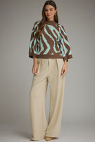 Entro Brown & Aqua Abstract Zebra Print Sweater-Sweaters-entro-Deja Nu Boutique, Women's Fashion Boutique in Lampasas, Texas