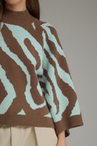 Entro Brown & Aqua Abstract Zebra Print Sweater-Sweaters-entro-Deja Nu Boutique, Women's Fashion Boutique in Lampasas, Texas