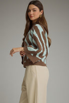 Entro Brown & Aqua Abstract Zebra Print Sweater-Sweaters-entro-Deja Nu Boutique, Women's Fashion Boutique in Lampasas, Texas