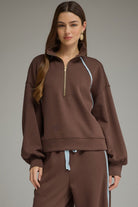 Entro Brown Contrast Piping Half-Zip Pullover-sweatshirt-entro-Deja Nu Boutique, Women's Fashion Boutique in Lampasas, Texas