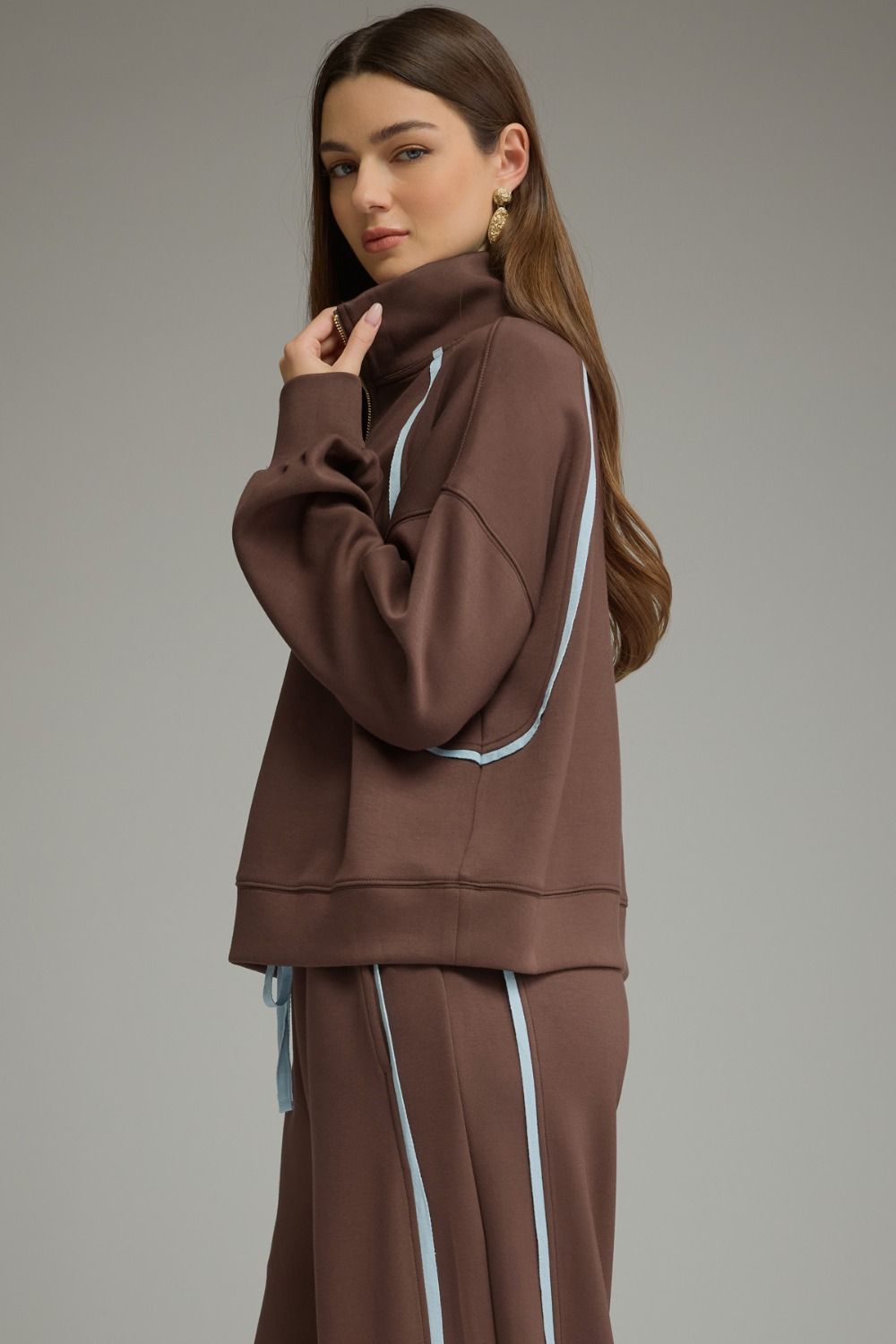Entro Brown Contrast Piping Half-Zip Pullover-sweatshirt-entro-Deja Nu Boutique, Women's Fashion Boutique in Lampasas, Texas