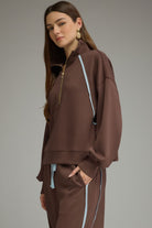 Entro Brown Contrast Piping Half-Zip Pullover-sweatshirt-entro-Deja Nu Boutique, Women's Fashion Boutique in Lampasas, Texas