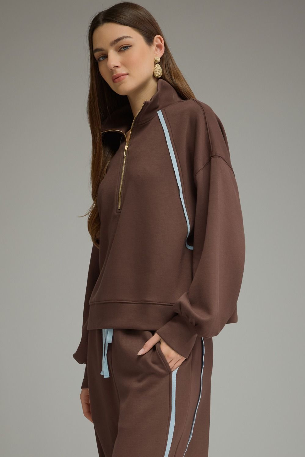 Entro Brown Contrast Piping Half-Zip Pullover-sweatshirt-entro-Deja Nu Boutique, Women's Fashion Boutique in Lampasas, Texas