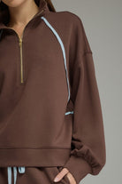 Entro Brown Contrast Piping Half-Zip Pullover-sweatshirt-entro-Deja Nu Boutique, Women's Fashion Boutique in Lampasas, Texas