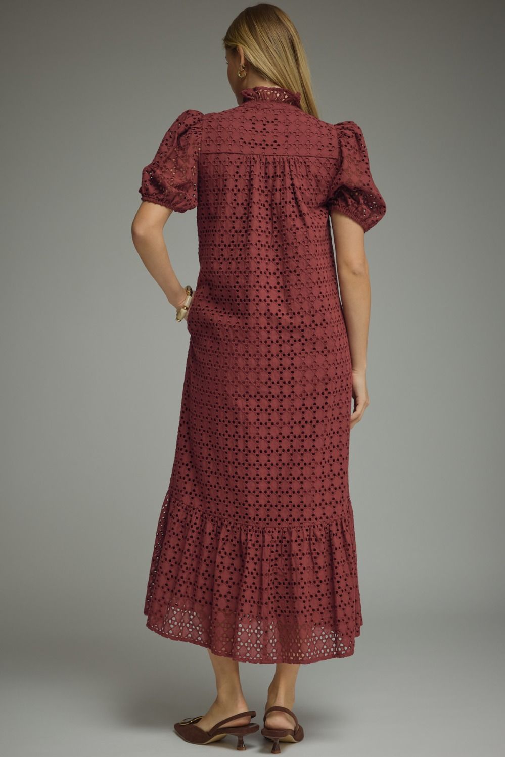 Entro Burgundy Eyelet Puff Sleeve Midi Dress-Midi Dresses-Entro-Deja Nu Boutique, Women's Fashion Boutique in Lampasas, Texas
