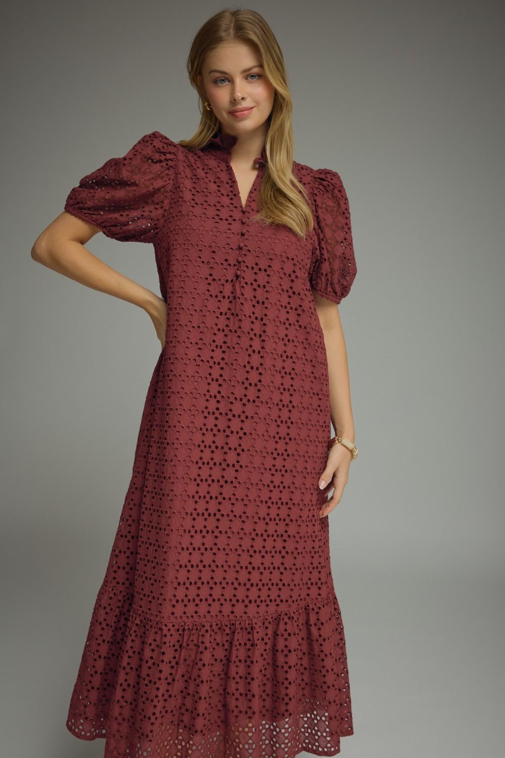 Entro Burgundy Eyelet Puff Sleeve Midi Dress-Midi Dresses-Entro-Deja Nu Boutique, Women's Fashion Boutique in Lampasas, Texas