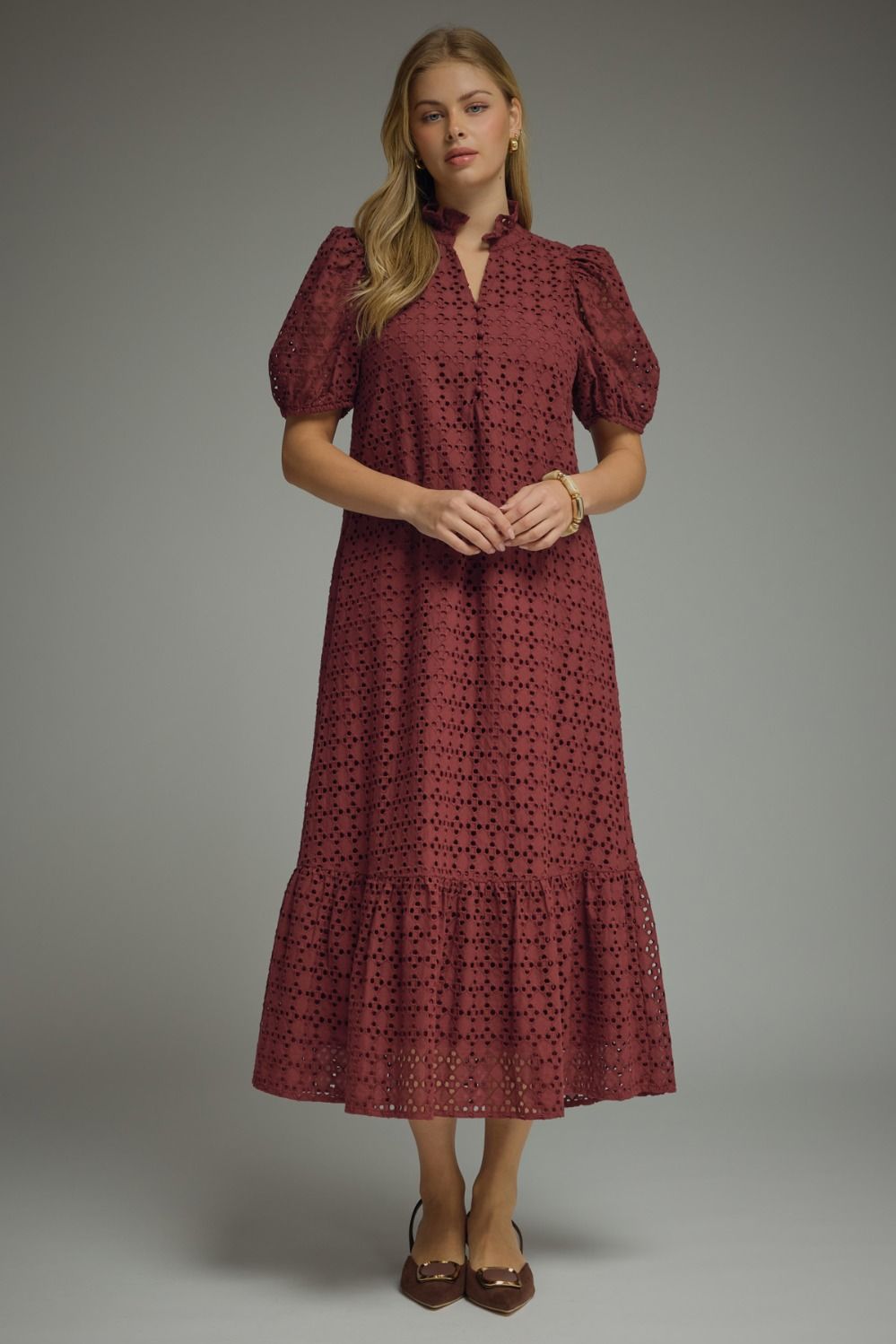 Entro Burgundy Eyelet Puff Sleeve Midi Dress-Midi Dresses-Entro-Deja Nu Boutique, Women's Fashion Boutique in Lampasas, Texas