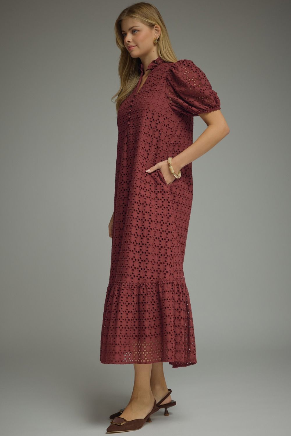 Entro Burgundy Eyelet Puff Sleeve Midi Dress-Midi Dresses-Entro-Deja Nu Boutique, Women's Fashion Boutique in Lampasas, Texas
