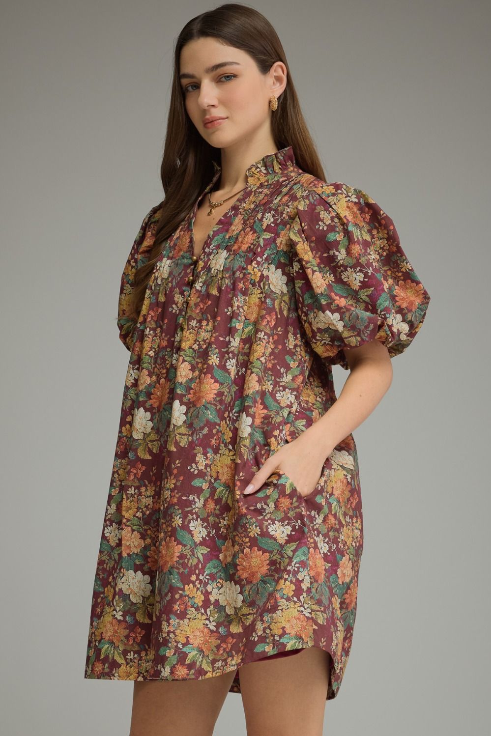 Entro Burgundy Floral Puff Sleeve Mini Dress-mini dress-Entro-Deja Nu Boutique, Women's Fashion Boutique in Lampasas, Texas