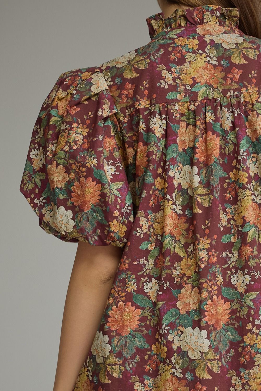 Entro Burgundy Floral Puff Sleeve Mini Dress-mini dress-Entro-Deja Nu Boutique, Women's Fashion Boutique in Lampasas, Texas
