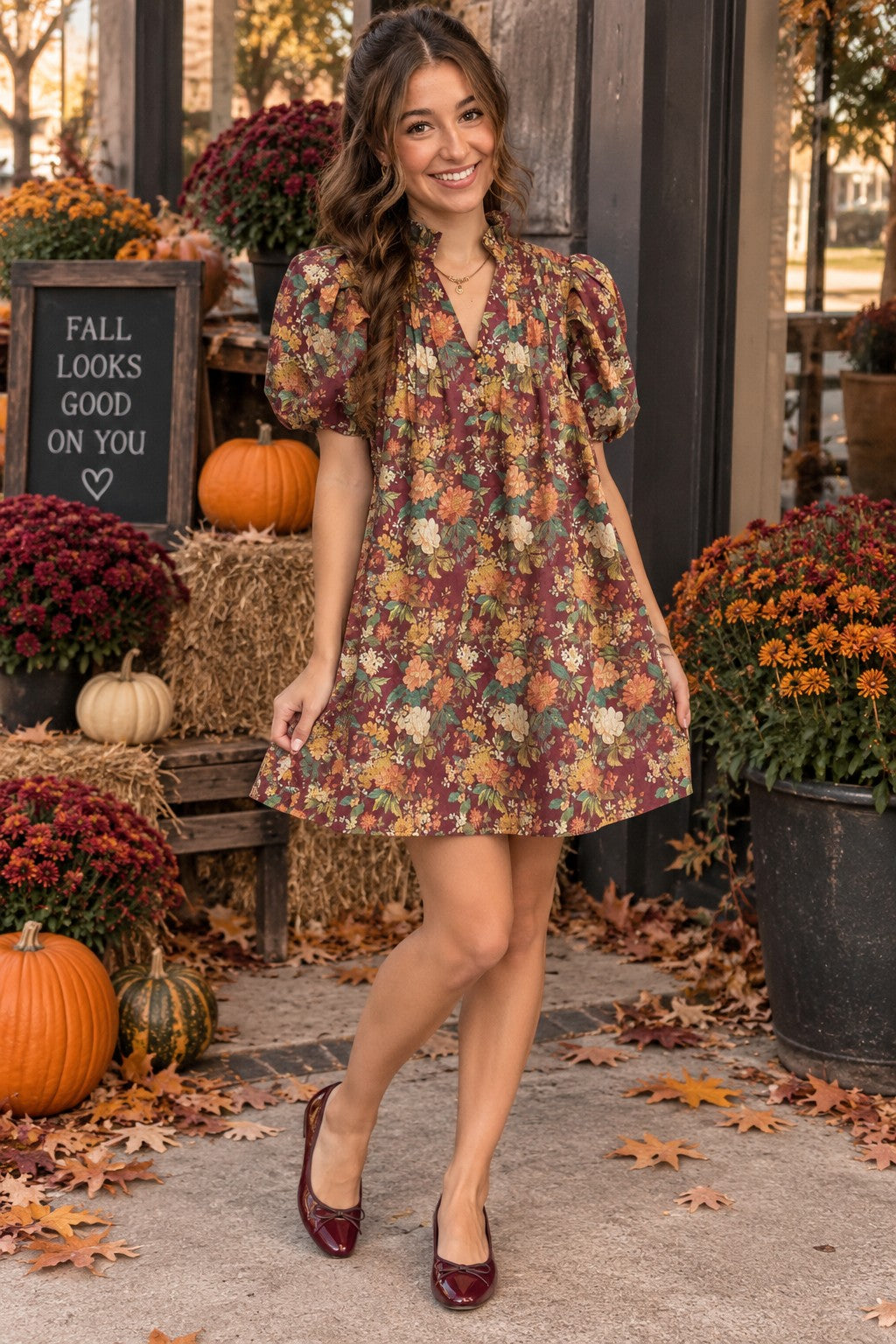 Entro Burgundy Floral Puff Sleeve Mini Dress-mini dress-Entro-Deja Nu Boutique, Women's Fashion Boutique in Lampasas, Texas