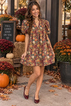 Entro Burgundy Floral Puff Sleeve Mini Dress-mini dress-Entro-Deja Nu Boutique, Women's Fashion Boutique in Lampasas, Texas