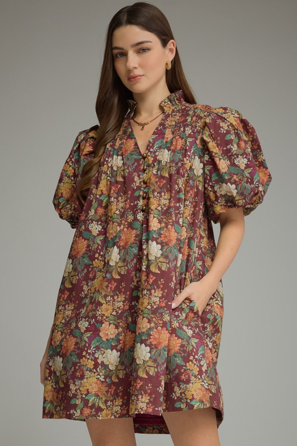 Entro Burgundy Floral Puff Sleeve Mini Dress-mini dress-Entro-Deja Nu Boutique, Women's Fashion Boutique in Lampasas, Texas