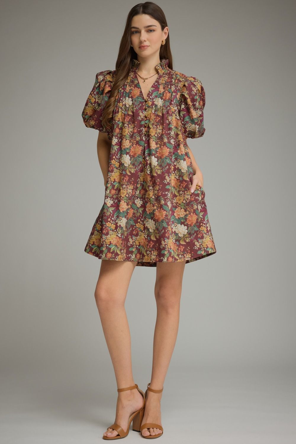 Entro Burgundy Floral Puff Sleeve Mini Dress-mini dress-Entro-Deja Nu Boutique, Women's Fashion Boutique in Lampasas, Texas