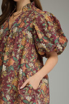 Entro Burgundy Floral Puff Sleeve Mini Dress-mini dress-Entro-Deja Nu Boutique, Women's Fashion Boutique in Lampasas, Texas