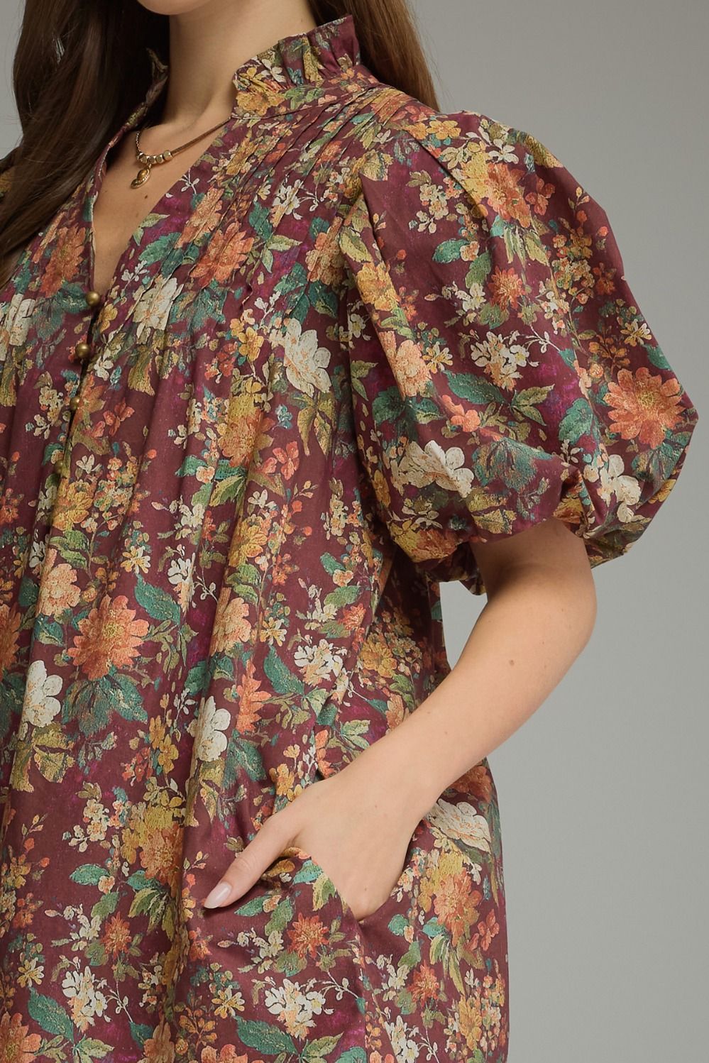 Entro Burgundy Floral Puff Sleeve Mini Dress-mini dress-Entro-Deja Nu Boutique, Women's Fashion Boutique in Lampasas, Texas