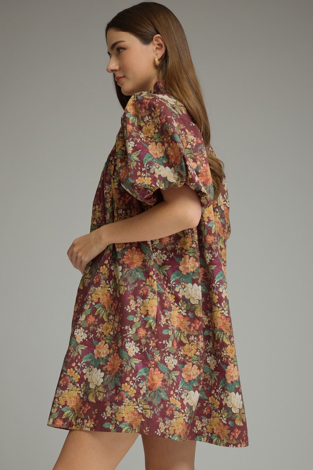 Entro Burgundy Floral Puff Sleeve Mini Dress-mini dress-Entro-Deja Nu Boutique, Women's Fashion Boutique in Lampasas, Texas