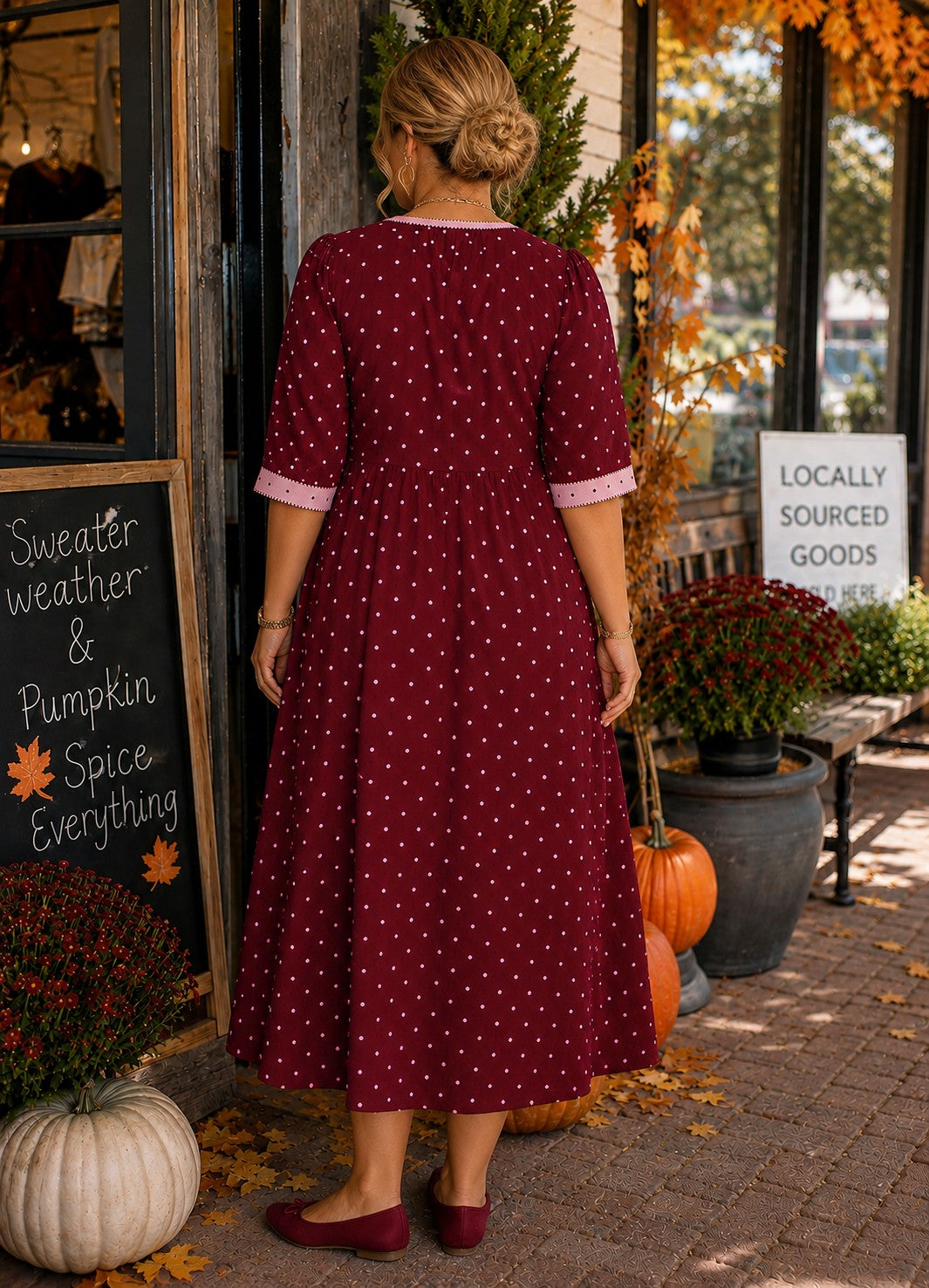 Entro Burgundy & Pink Polka Dot Contrast Trim Midi Dress-Midi Dresses-entro-Deja Nu Boutique, Women's Fashion Boutique in Lampasas, Texas