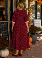 Entro Burgundy & Pink Polka Dot Contrast Trim Midi Dress-Midi Dresses-entro-Deja Nu Boutique, Women's Fashion Boutique in Lampasas, Texas