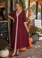 Entro Burgundy & Pink Polka Dot Contrast Trim Midi Dress-Midi Dresses-entro-Deja Nu Boutique, Women's Fashion Boutique in Lampasas, Texas