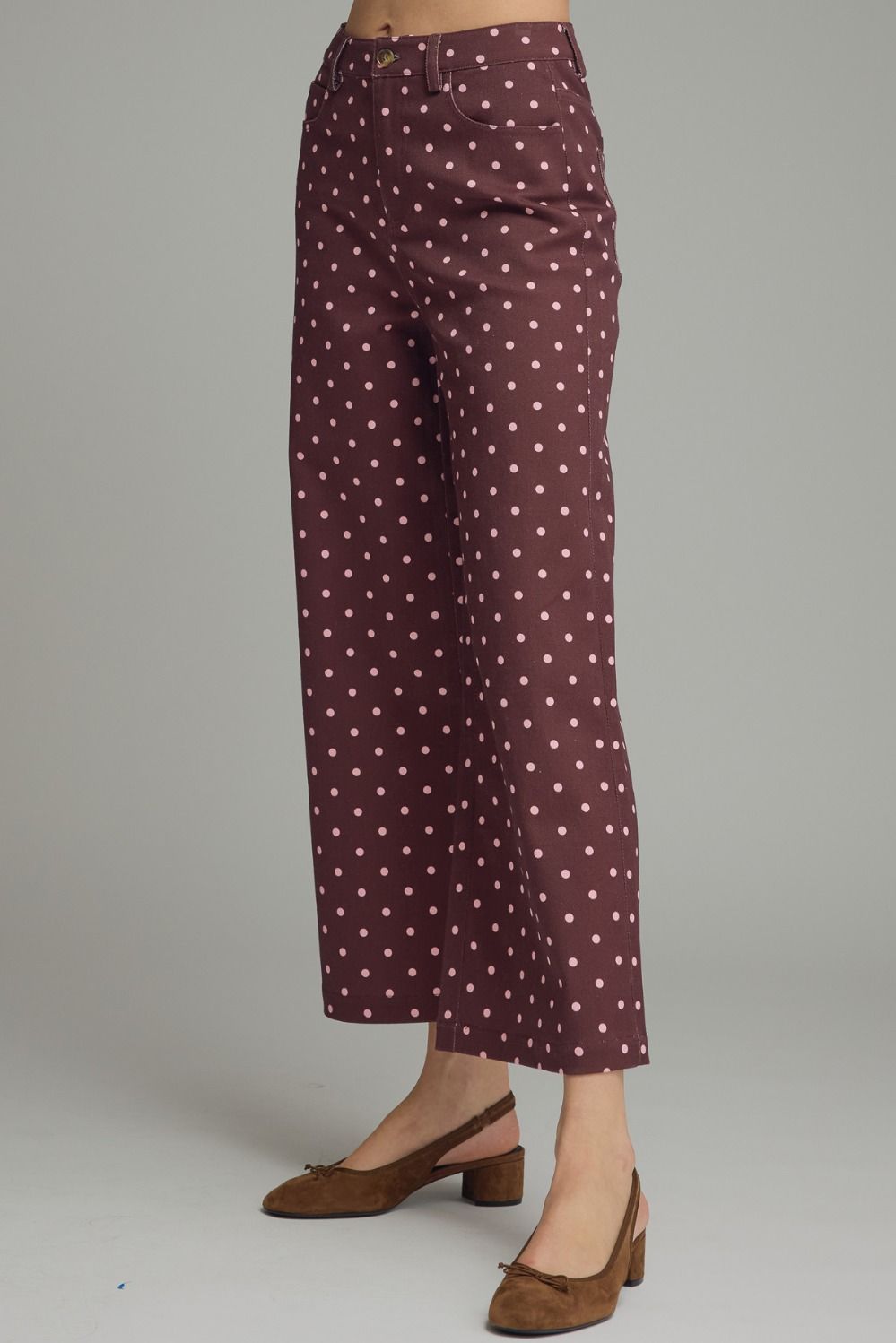 Entro Burgundy Polka Dot Wide Leg Pants-Jeans-Entro-Deja Nu Boutique, Women's Fashion Boutique in Lampasas, Texas