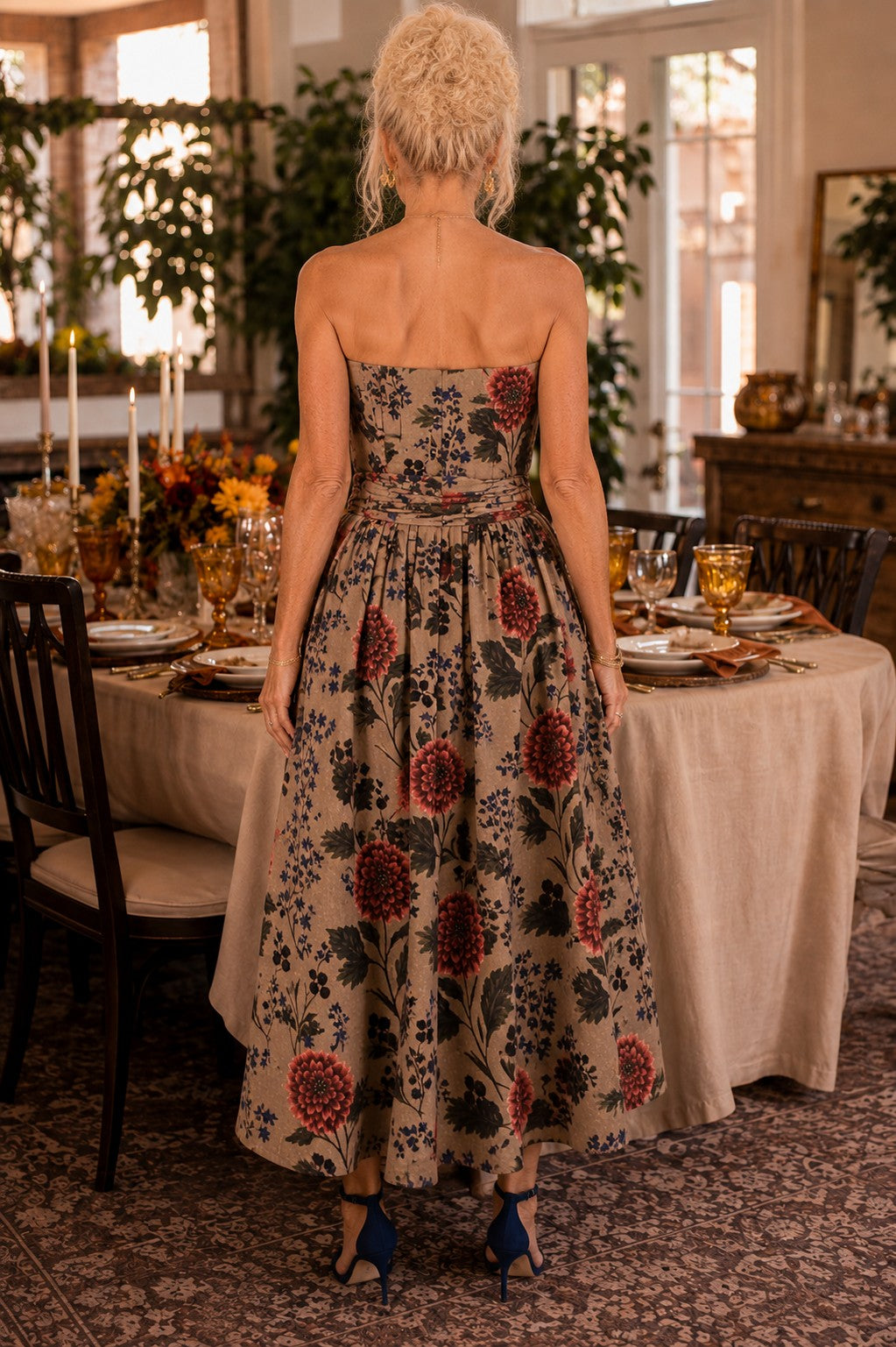 Entro Camel Floral Print Strapless Midi Dress-Midi Dresses-Entro-Deja Nu Boutique, Women's Fashion Boutique in Lampasas, Texas