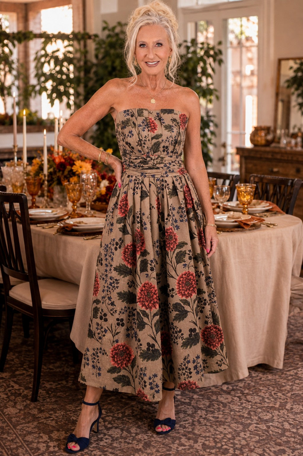Entro Camel Floral Print Strapless Midi Dress-Midi Dresses-Entro-Deja Nu Boutique, Women's Fashion Boutique in Lampasas, Texas