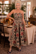 Entro Camel Floral Print Strapless Midi Dress-Midi Dresses-Entro-Deja Nu Boutique, Women's Fashion Boutique in Lampasas, Texas