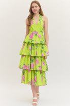 Entro Garden Party Chartreuse Floral Tiered Midi Dress-Midi Dresses-Entro-Deja Nu Boutique, Women's Fashion Boutique in Lampasas, Texas