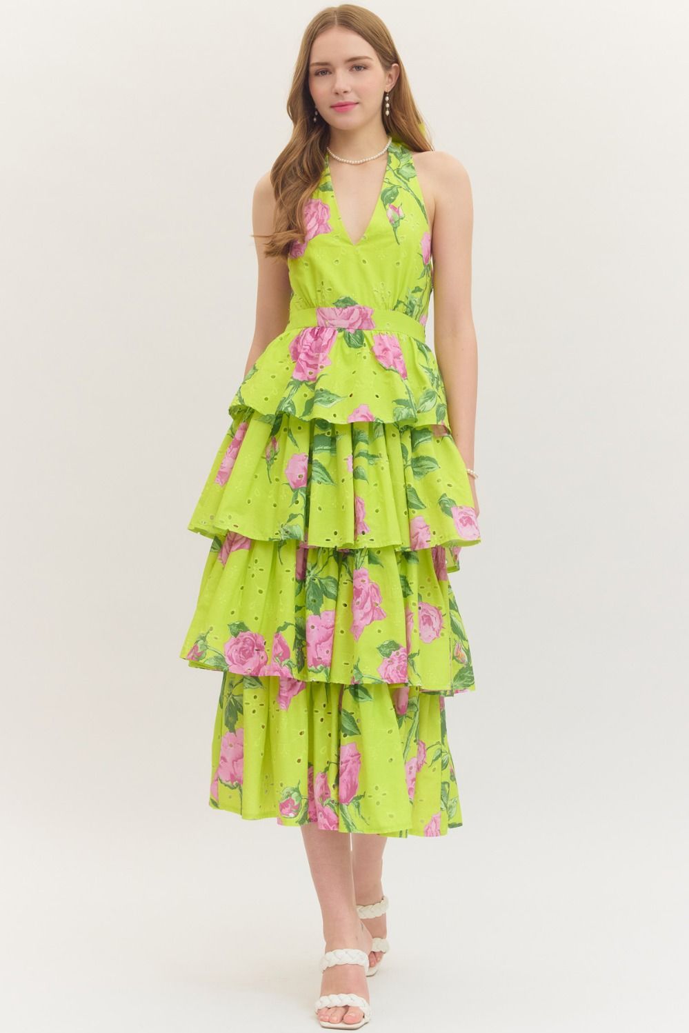 Entro Garden Party Chartreuse Floral Tiered Midi Dress-Midi Dresses-Entro-Deja Nu Boutique, Women's Fashion Boutique in Lampasas, Texas