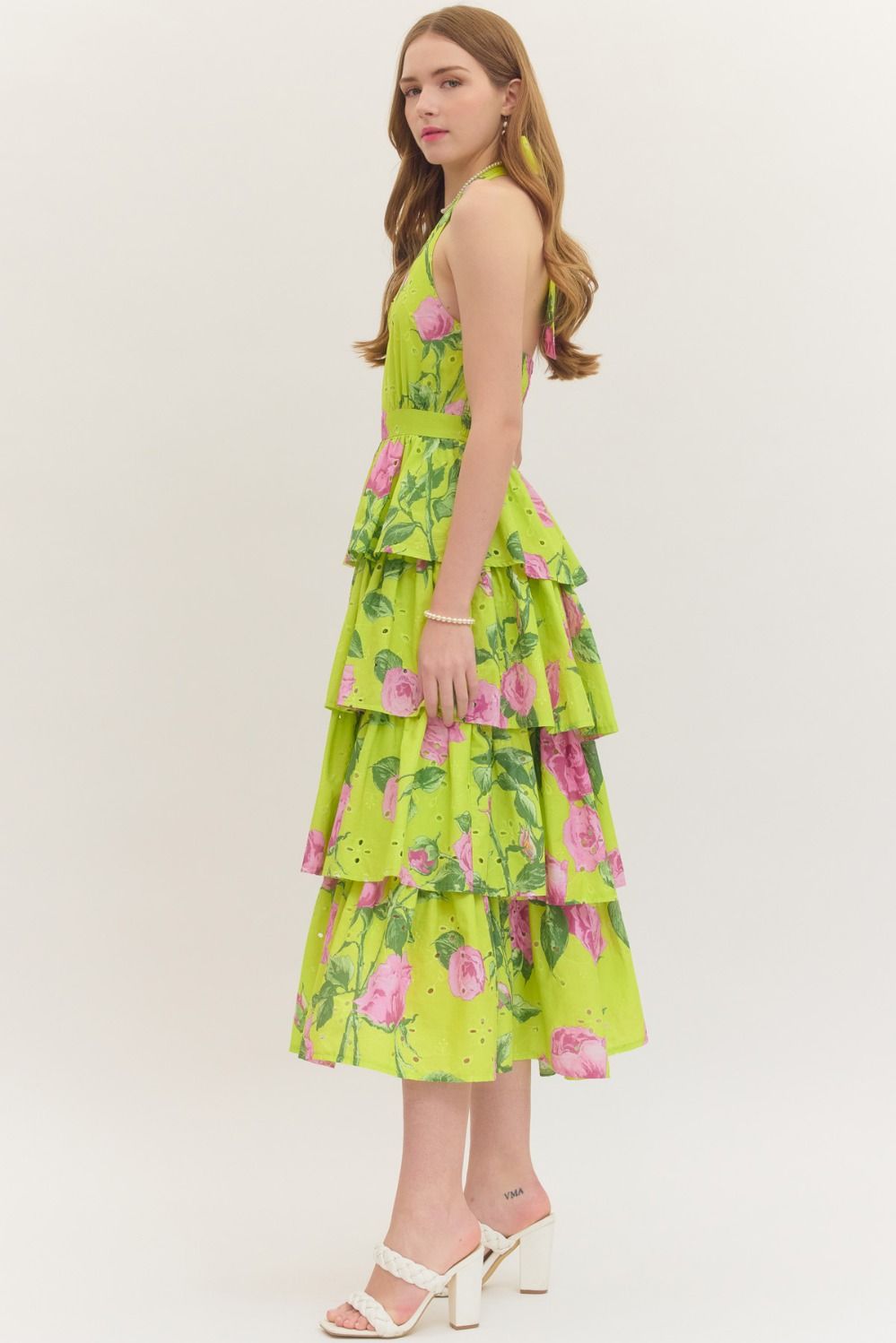 Entro Garden Party Chartreuse Floral Tiered Midi Dress-Midi Dresses-Entro-Deja Nu Boutique, Women's Fashion Boutique in Lampasas, Texas