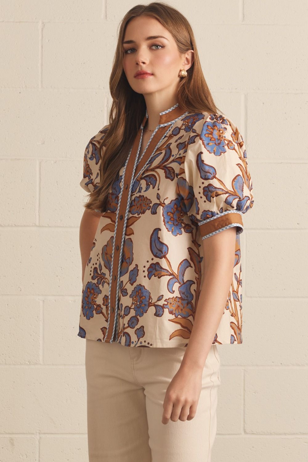 Entro Ecru Floral Puff Sleeve Button Front Top-Tops-entro-Deja Nu Boutique, Women's Fashion Boutique in Lampasas, Texas