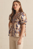 Entro Ecru Floral Puff Sleeve Button Front Top-Tops-entro-Deja Nu Boutique, Women's Fashion Boutique in Lampasas, Texas