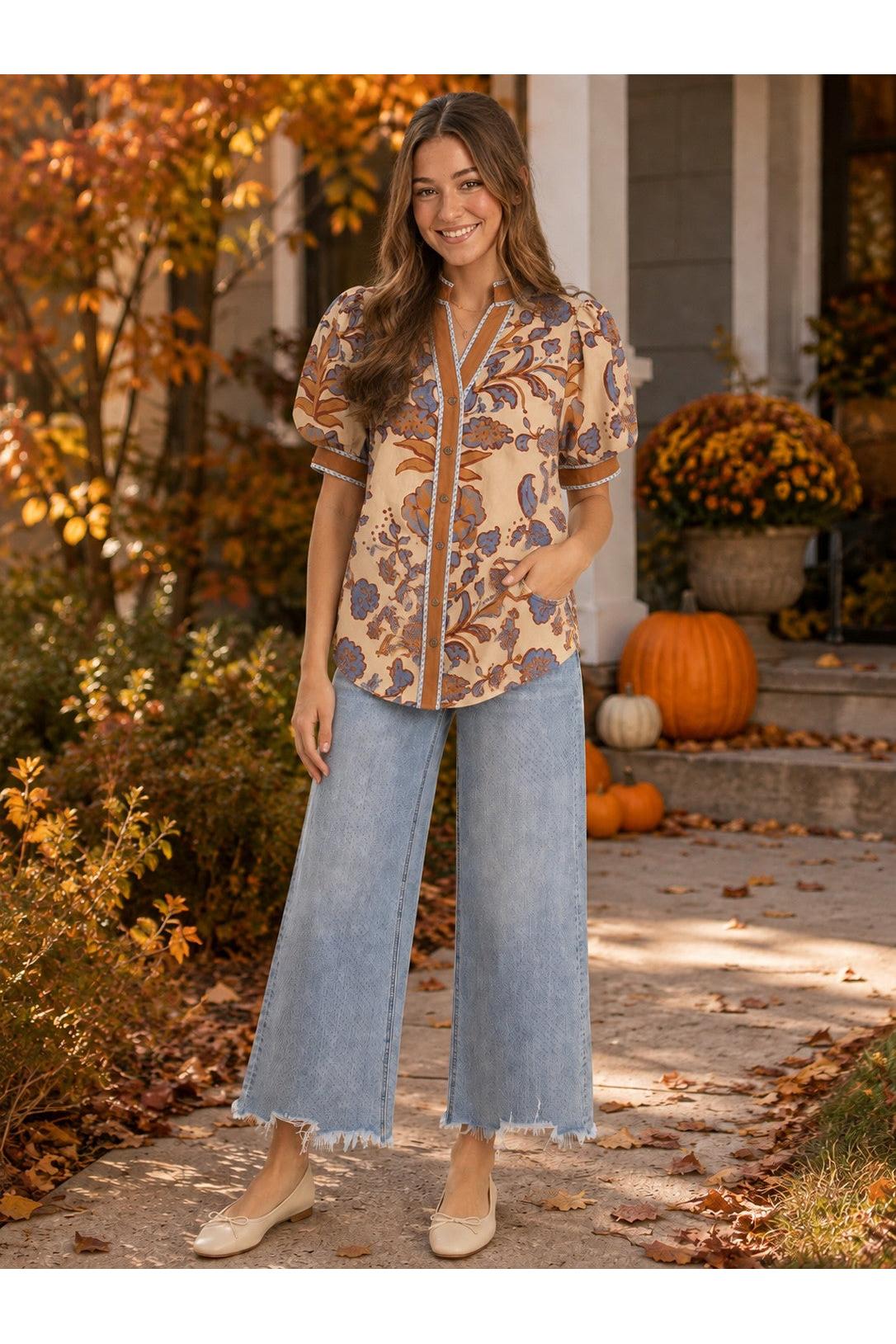 Entro Ecru Floral Puff Sleeve Button Front Top-Tops-entro-Deja Nu Boutique, Women's Fashion Boutique in Lampasas, Texas