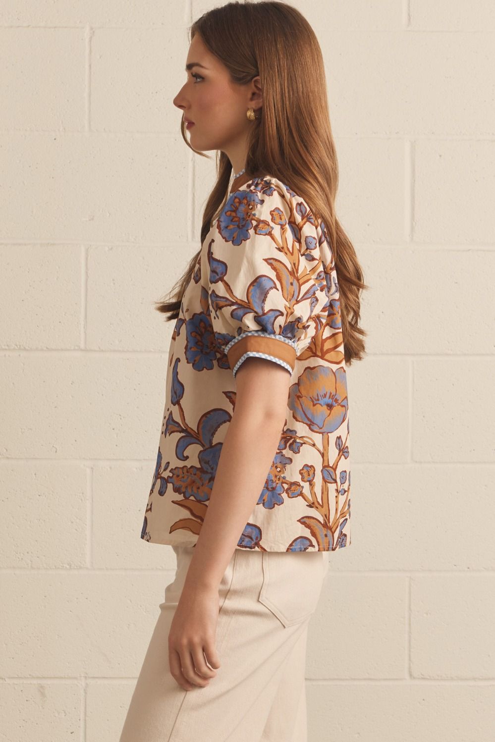Entro Ecru Floral Puff Sleeve Button Front Top-Tops-entro-Deja Nu Boutique, Women's Fashion Boutique in Lampasas, Texas
