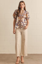 Entro Ecru Floral Puff Sleeve Button Front Top-Tops-entro-Deja Nu Boutique, Women's Fashion Boutique in Lampasas, Texas